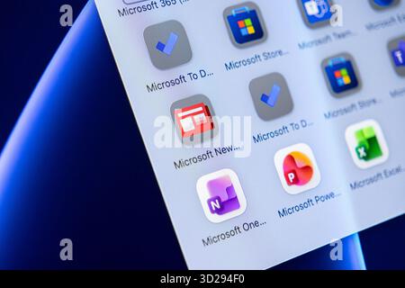 Poznan, Poland - October 16, 2025: Microsoft To Do, News, OneNote, Excel applications shown on screen, providing essential modern digital tools Stock Photo