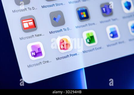 Poznan, Poland - October 16, 2025: Microsoft PowerPoint app on tablet, central to Microsoft software, supporting modern business and education tasks Stock Photo