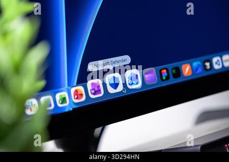 Poznan, Poland - October 16, 2025: Microsoft Defender application icon within a computer dock, symbolizing comprehensive antivirus and digital protect Stock Photo