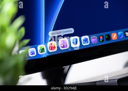 Poznan, Poland - October 16, 2025: Microsoft OneNote app icon, cursor hovering, represents digital note-taking, data organization, and efficient infor Stock Photo