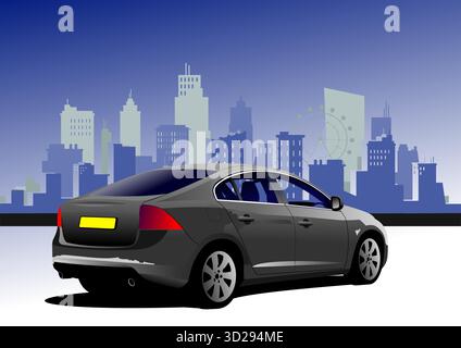 Sleek car is parked on a city street with a cityscape in the background. Hand drawn illustration Stock Vector
