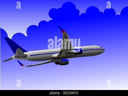 Large passenger plane is flying through a bright blue sky with stylized clouds. Hand drawn illustration Stock Vector