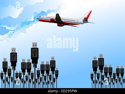 Conceptual image of data transfer and cloud computing represented by an airplane flying over growing usb connectors. Hand drawn illustration Stock Vector