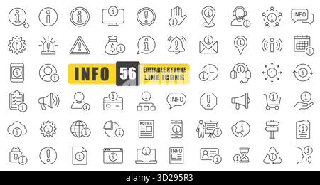 Information Line Icon Vector Set. A Collection Of 54 Thin Line Editable Stroke Icons Representing Help, Support, Alerts, Tips, And Communication. Stock Vector