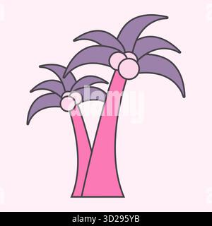 A cartoon style illustration depicts two vibrant palm trees with pink trunks, purple leaves, and round coconuts on a soft, pink background. The trees lean towards each other. Stock Vector