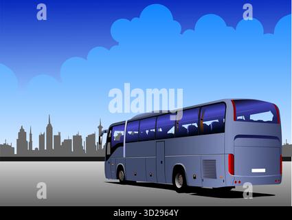Big touristic bus is standing on a parking with cityscape on the background. Hand drawn illustration Stock Vector