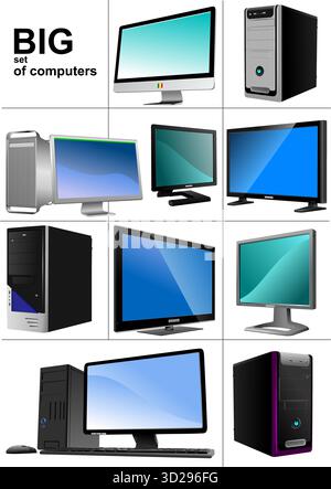 Big set of modern personal computers displaying blue screens on a white background. Hand drawn illustration computer, pc, d Stock Vector