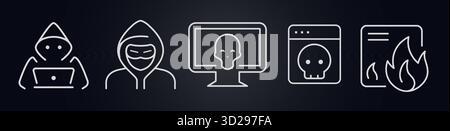 Hacker and cyber threat icons with hooded figures, skulls, virus screens, and burning files. Symbolize online crime, identity theft, malware, data Stock Vector