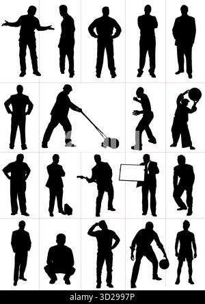 Twenty black silhouettes of men standing in various poses, including playing sports, posing with a guitar, and holding a blank sign. Hand drawn illust Stock Vector