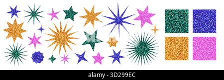 Glitter seamless patterns and star shaped stickers. Shiny vector sequin textures in green, blue, gold, and pink, sparkling disco style. Ideal for Stock Vector