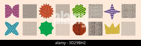 Pattern set with abstract samples. Vector shapes, stars, circles, crown decorated with dots, stripes, grids, and waves. Includes seamless pattern Stock Vector