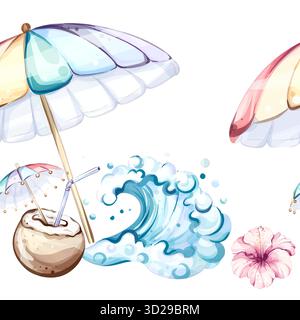 Seamless pattern background wallpaper featuring colorful beach umbrellas, refreshing coconut drinks, ocean waves, and tropical flowers perfect for Stock Vector