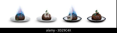 Low angle of a collection of round plates, holly and a traditional Christmas pudding soaked in brandy and lit giving blue flames isolated white background. Stock Photo