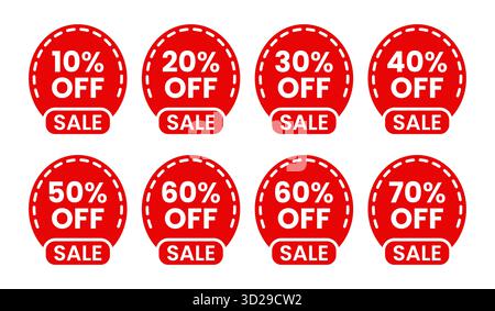 Red sale label tag vector set with percentage discounts from 10 to 70 perfect for promotion illustration marketing offer or digital design projects Stock Vector