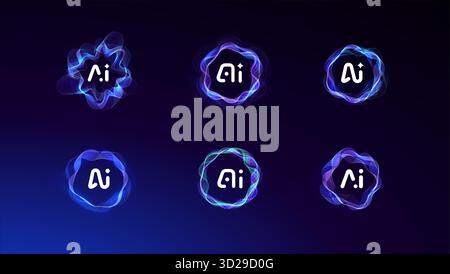 AI Cloud Circle Wave Logo Concept Set, Artificial Intelligence Abstract Icon. Automation Generate Technology, Computer Machine Learning Thinking Stock Vector