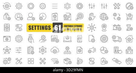 Settings Line Icon Vector Set. A Collection Of 61 Thin Line Editable Stroke Icons Featuring Gears, Tools, And Adjustments. Perfect For UI Design, Apps Stock Vector