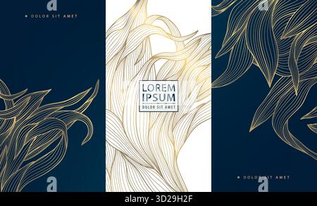 Elegant vector golden floral and leaf patterns, delicate lines, luxurious abstract design. Packaging, cosmetic labels, wine or tea branding Stock Vector