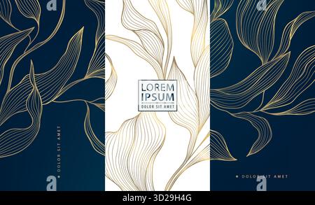Elegant vector golden floral and leaf patterns, delicate lines, luxurious abstract design. Packaging, cosmetic labels, wine or tea branding Stock Vector