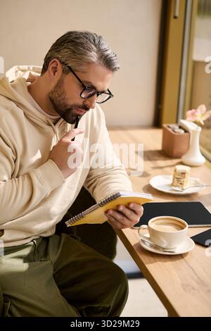A mature man with silver hair sits in a trendy cafe, savoring coffee and jotting down thoughts. Stock Photo