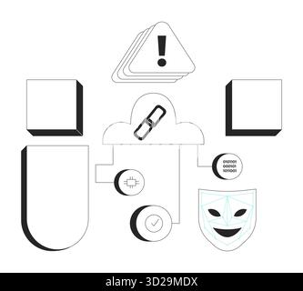 Cloud security system with alert and blank geometric shapes 2D line objects set Stock Vector