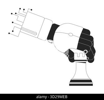 Robotic hand gripping rook chess piece outline illustration Stock Vector