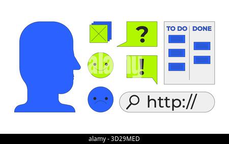 Head silhouette and digital interface ui elements 2D cartoon objects set Stock Vector