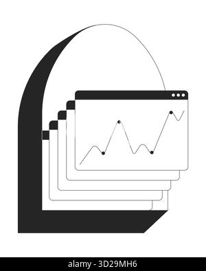 Stacked browser windows with line graph 2D line object Stock Vector