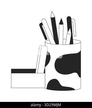 Stationery in cow-print pencil holder 2D line object Stock Vector