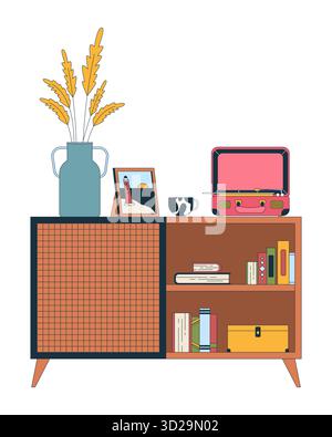 Mid-century wooden cabinet with eclectic decor 2D cartoon object Stock Vector