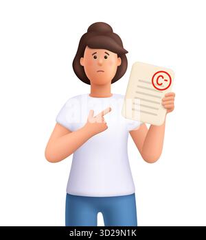 Sad student Jane holding test exam results with low grade C-. Education, study, academic failure, bad grade and frustration in learning concept. 3d ve Stock Vector