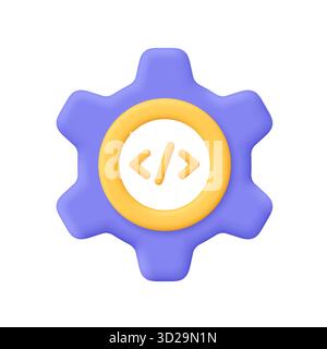 Purple gear with yellow coding symbol inside. Software development, programming, web design and technology settings concept. 3d vector icon. Cartoon m Stock Vector