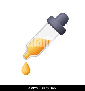 Dropper pipette with yellow liquid and droplet. Color picker, design tools, science, medicine and creativity concept. 3d vector icon. Cartoon minimal Stock Vector