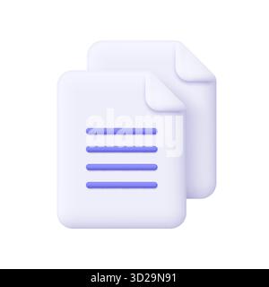 Two white document sheets. Copy file document, stack of paper sheets. Business, finance, education and office concept. 3d vector icon. Cartoon minimal Stock Vector