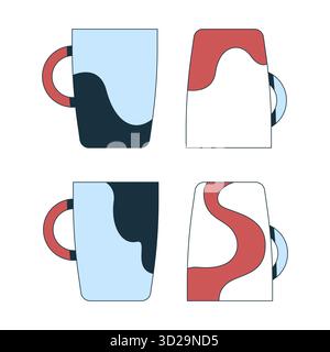 Artistic coffee mugs with abstract patterns 2D cartoon objects set Stock Vector
