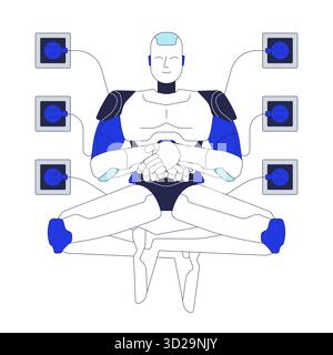 AI robot meditating while connected to power outlets 2D cartoon character Stock Vector