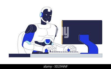AI robot using computer for office work 2D cartoon character Stock Vector