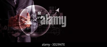 A businessman with a transparent bubble filled with global banking, cryptocurrency, and stock market icons, representing rapid economic growth, and th Stock Photo