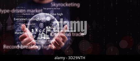 Hands holding a bright bubble filled with global banking, cryptocurrency, and finance icons, symbolizing speculative mania, market euphoria, the risk Stock Photo