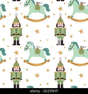 This design features a playful pattern of nutcrackers and rocking horses against a white background, complemented by whimsical stars. Ideal for holida Stock Vector
