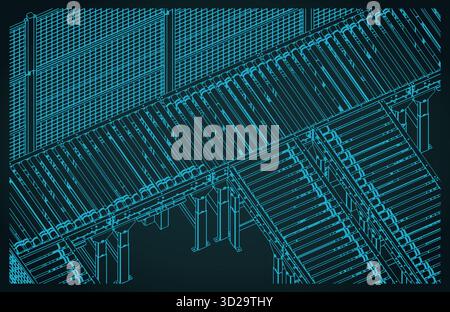 Conveyor for warehouses and factories isometric  blueprint stylized vector illustration Stock Vector