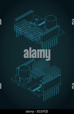 Servo shield isometric blueprints stylized vector illustrations Stock Vector