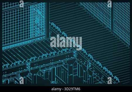 Conveyor for warehouses and factories isometric  blueprint close-up stylized vector illustration Stock Vector