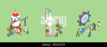 3D Isometric Flat Illustration of Tech Startup, Business Process Automation Stock Photo