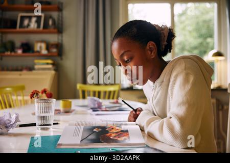 Focused girl reading book while studying at home Stock Photo