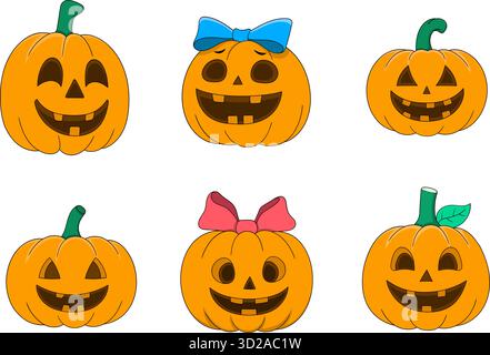 A set of six cute Halloween pumpkin icons with different carved faces and expressions Stock Vector