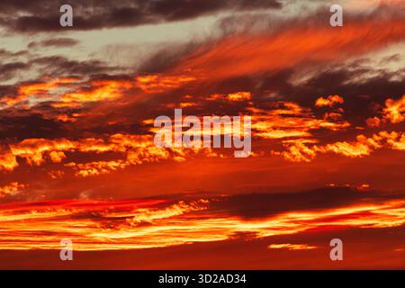 Intense fiery orange sunset with glowing layered clouds filling the sky. No people, copy space. Stock Photo