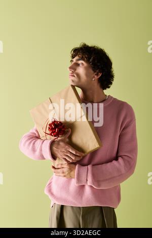 A stylish gentleman holds a wrapped gift in a vibrant setting. Stock Photo