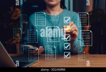 Task management and checklist concept. Person interacting with checkboxes and documents, symbolizing productivity, workflow organization, Stock Photo