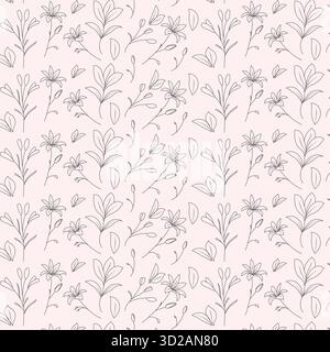 A seamless floral pattern featuring elegant hand-drawn line art flowers and leaves on a soft pastel background. Stock Vector