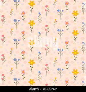 A seamless botanical floral pattern featuring hand-drawn flowers and leaves in a minimalist decorative style. Perfect for textile prints, wallpapers. Stock Vector